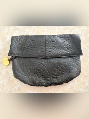 Vintage Black Embossed Leather Clutch Geometric Medallion Design 9x12